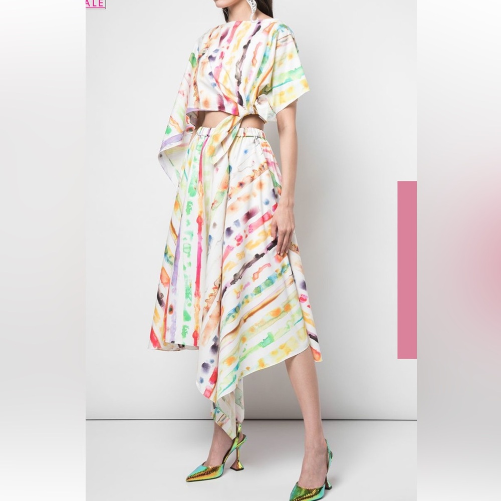 Rosie Assoulin Yellow and Pink Asymmetrical Midi Skirt set skirt and top